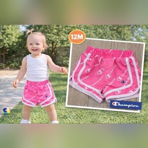 Champion Pink Script Logo Dolphin Running Shorts Toddler Girls 12M White #1684